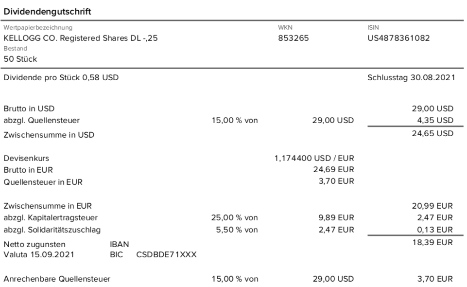 Dividendengutschrift Kellogg im September 2021
