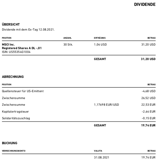 Dividendengutschrift MSCI Inc. im August 2021