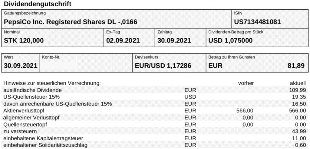 Dividendengutschrift PepsiCo im September 2021