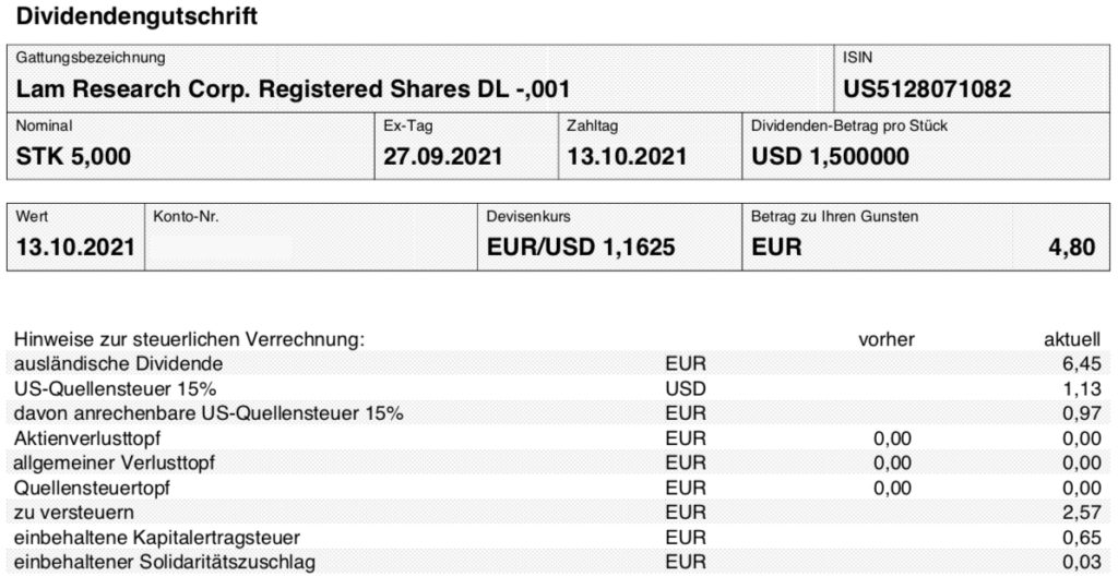 Dividendengutschrift Lam Research im Oktober 2021 beim Smartbroker