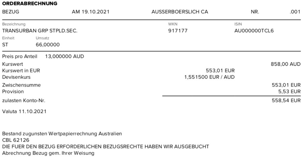 Abrechnung Kapitalerhöhung Transurban Group im Oktober 2021