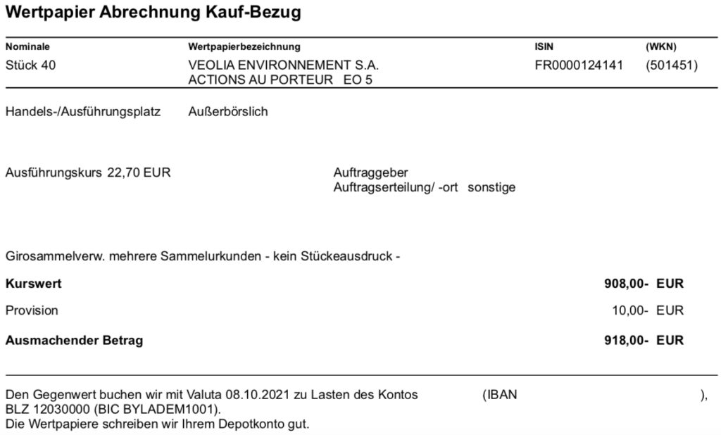 Abrechnung Kapitalerhöhung Veolia im Oktober 2021