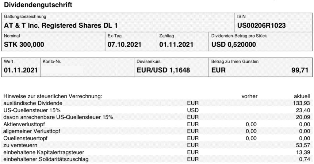 Dividendengutschrift AT&T im November 2021