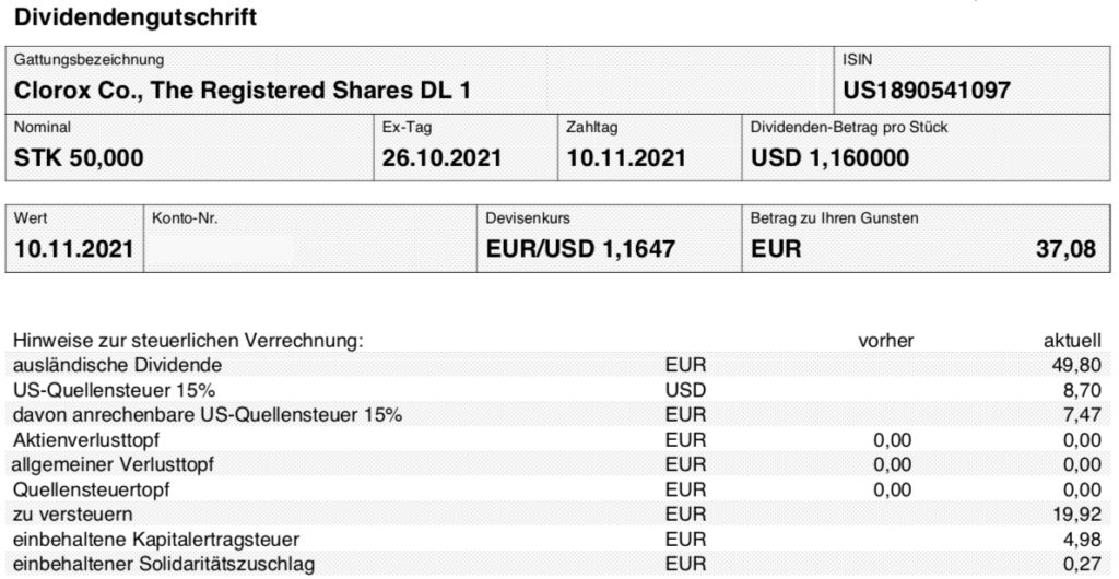 Dividendengutschrift Clorox im November 2021