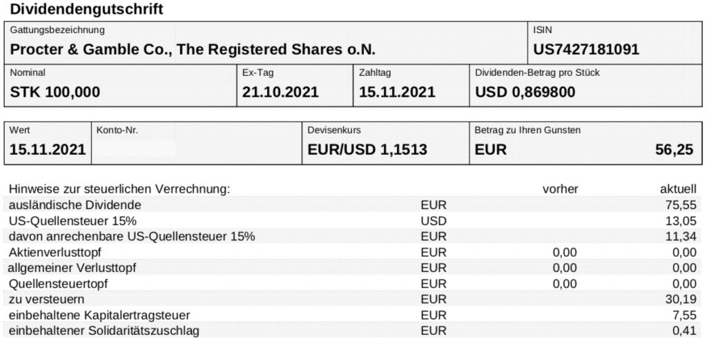 Dividendengutschrift Procter & Gamble im November 2021