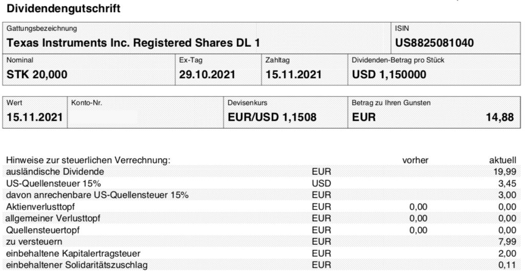 Dividendengutschrift Texas Instruments im November 2021