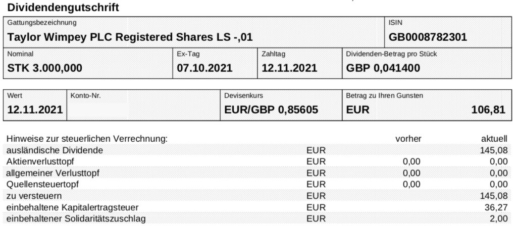 Dividendengutschrift Taylor Wimpey im November 2021