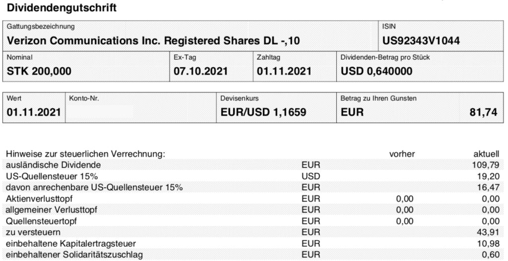 Dividendengutschrift Verizon im November 2021