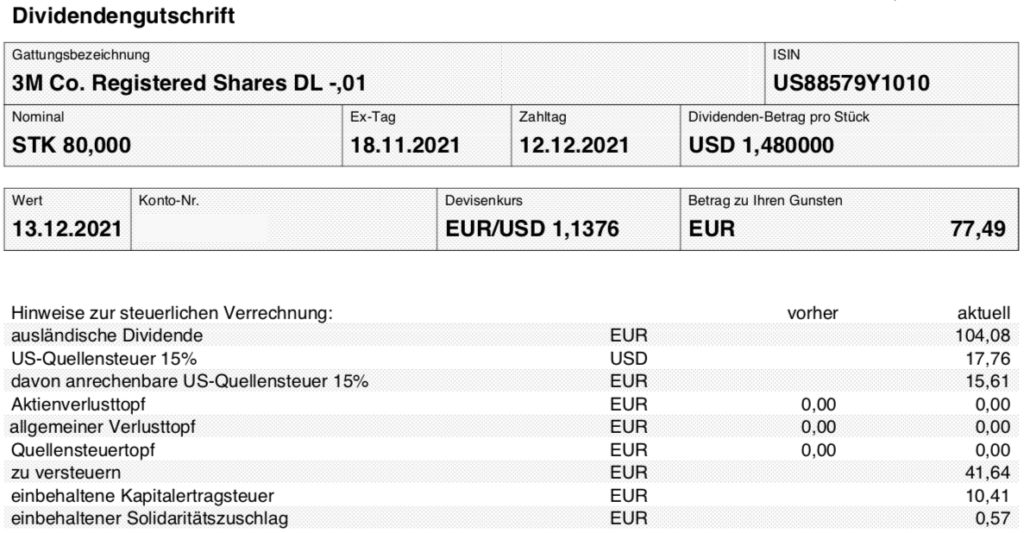 Dividendengutschrift 3M im Dezember 2021