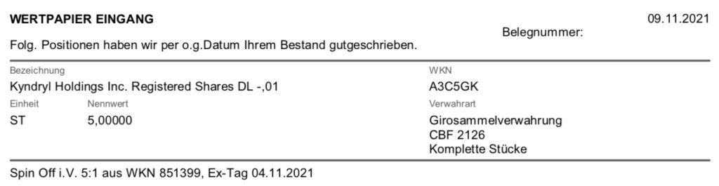 Kyndryl Einbuchung im November 2021