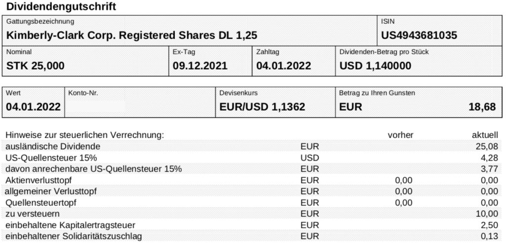 Dividendengutschrift Kimberly-Clark im Januar 2022