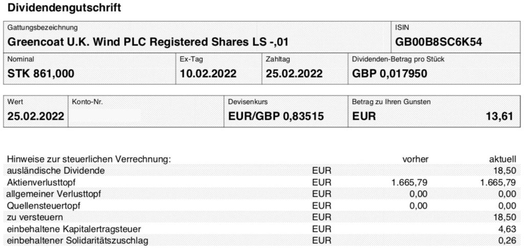 Dividendengutschrift Greencoat UKW im Februar 2022