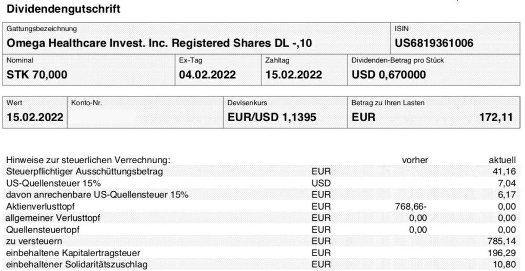 Dividendengutschrift Omega Healthcare Investors im Februar 2022 Smartbroker