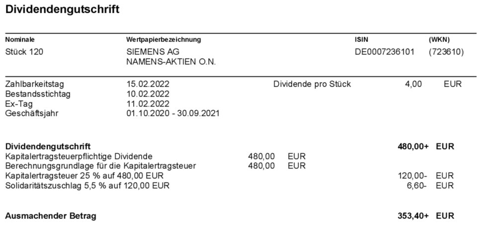 Dividendengutschrift Siemens im Februar 2022