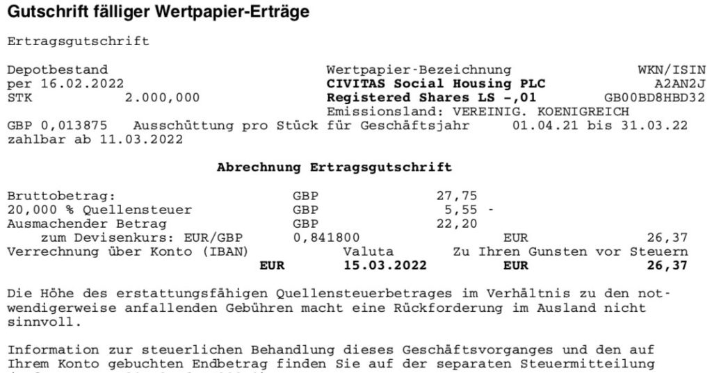 Dividende Civitas Social Housing im März 2022 comdirect