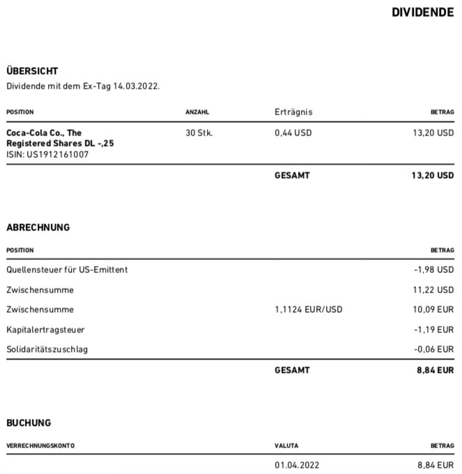 Dividendengutschrift Coca-Cola im April 2022