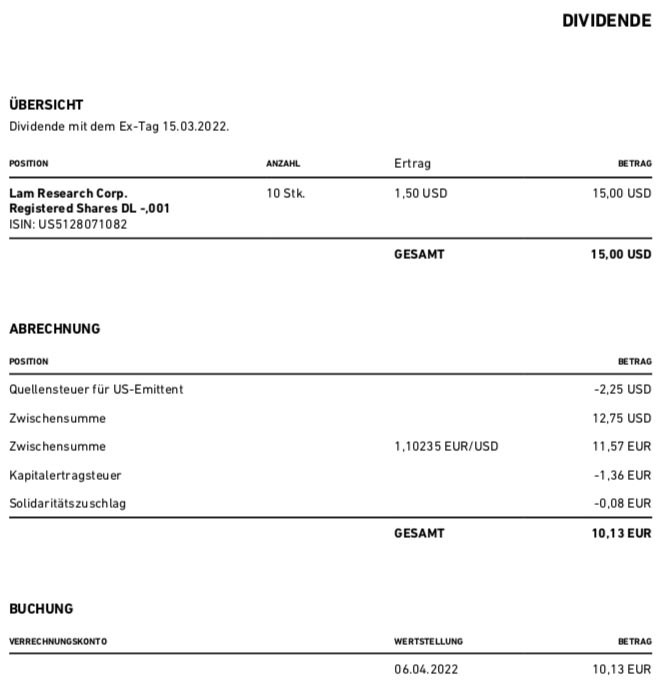 Dividendenzahlung Lam Research im April 2022 bei Trade Republic