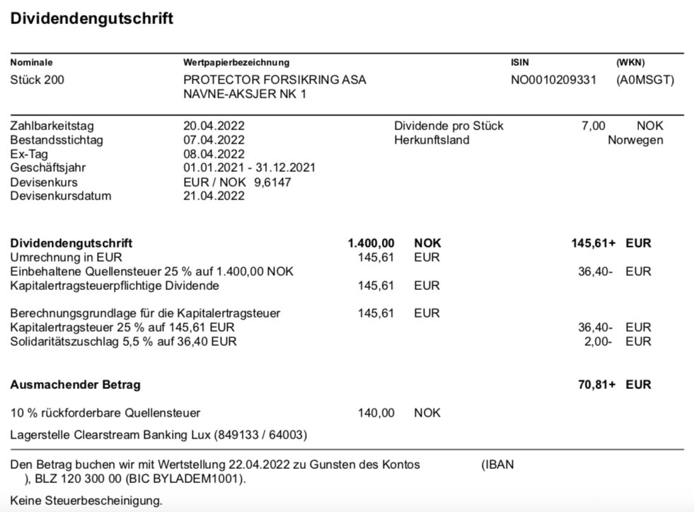 Dividendengutschrift Protector Forsikring im April 2022