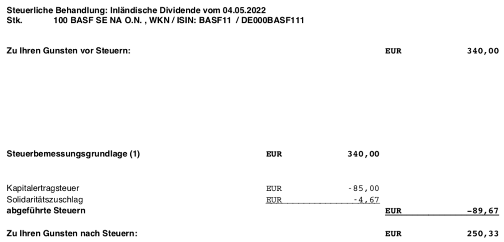 Dividendengutschrift BASF im Mai 2022 Steuerabzug