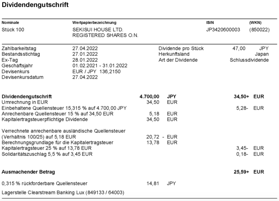 Dividendengutschrift Sekisui House im April 2022