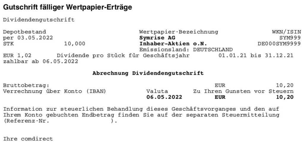 Dividendengutschrift Symrise im Mai 2022