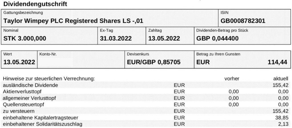 Dividendengutschrift Taylor Wimpey im Mai 2022