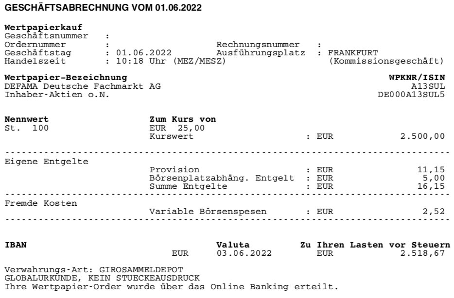 Defama Aktienkauf im Juni 2022
