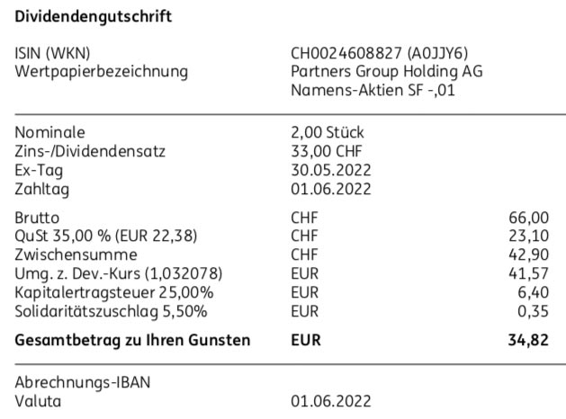 Dividendengutschrift Partners Group im Juni 2022