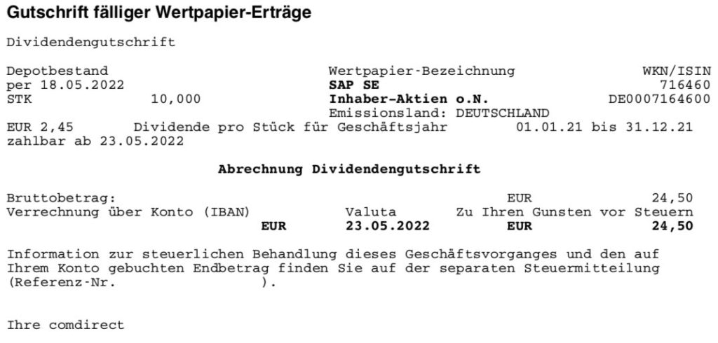 Dividendengutschrift SAP im Mai 2022