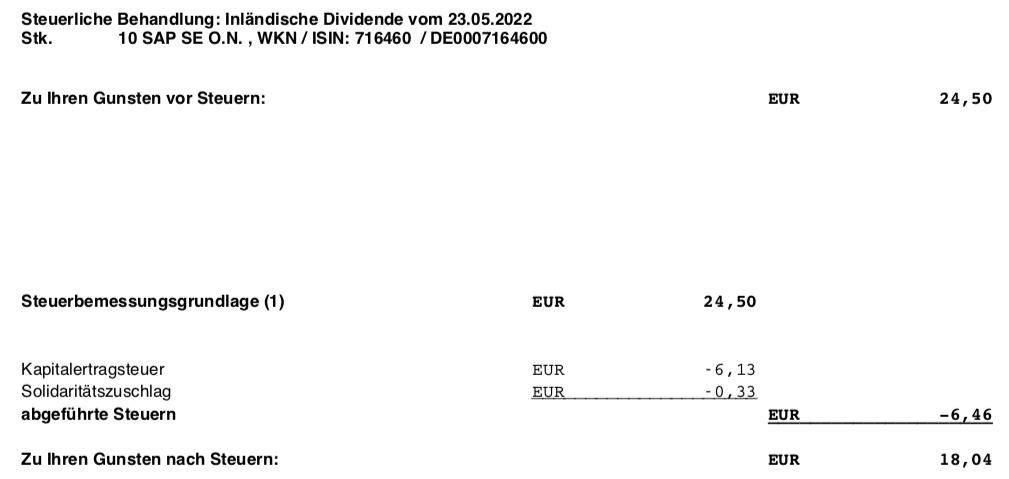 Dividendengutschrift SAP im Mai 2022 Steuer