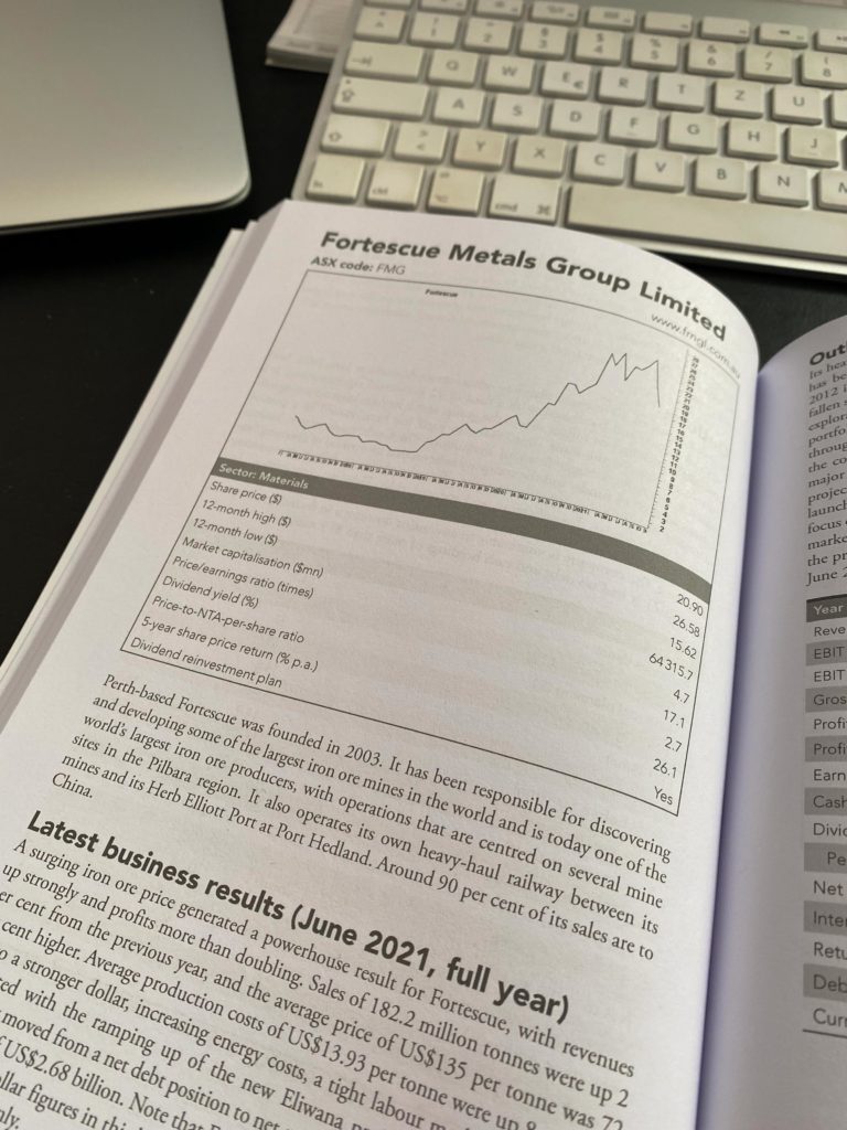 Ausschnitt aus Buch Martin Roth: Top Stocks 2022, 28. Auflage, Seite zur Fortescue Metals Group