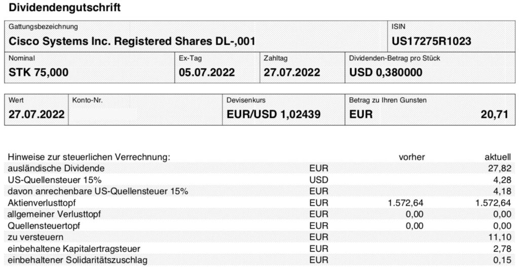 Cisco Dividendengutschrift im Juli 2022