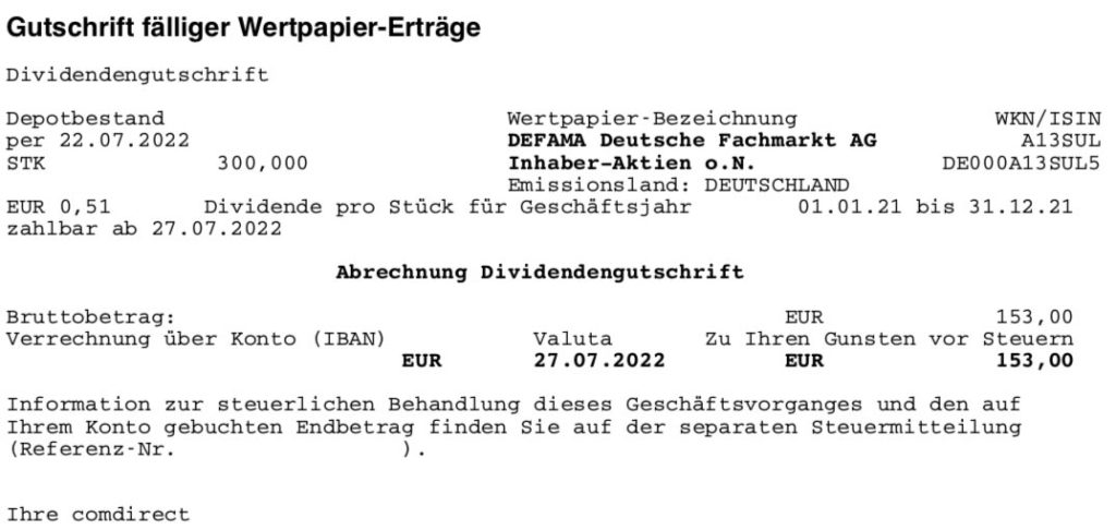 Dividendengutschrift Defama im Juli 2022