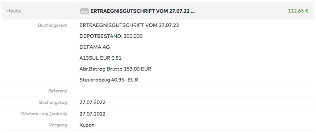 Kontoumsatz Dividendengutschrift Defama im Juli 2022