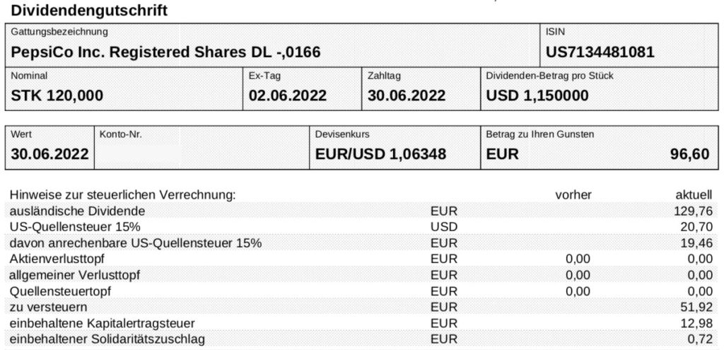 Dividendengutschrift PepsiCo im Juni 2022