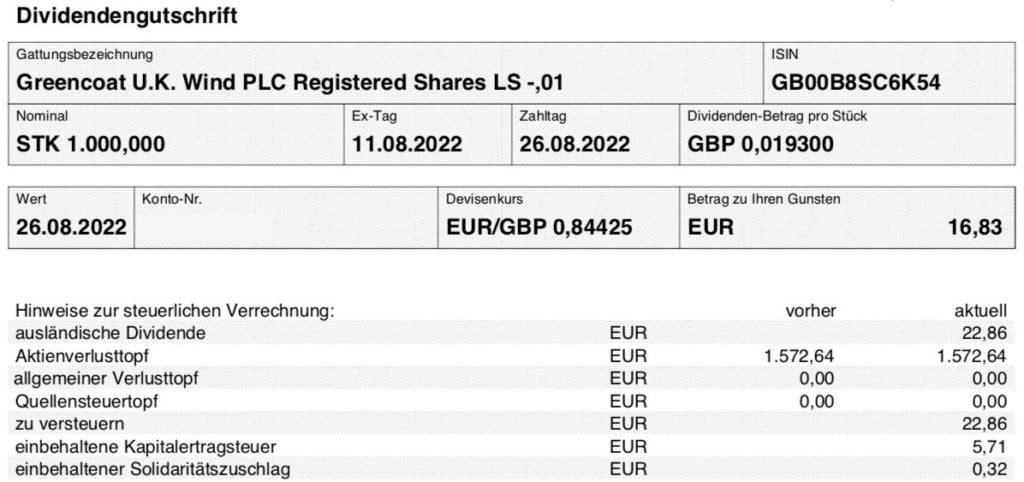 Dividendengutschrift Greencoat UKW im August 2022