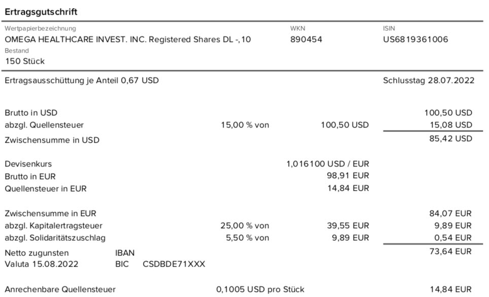 Dividendengutschrift Omega Healthcare Investors im August 2022 Consorsbank