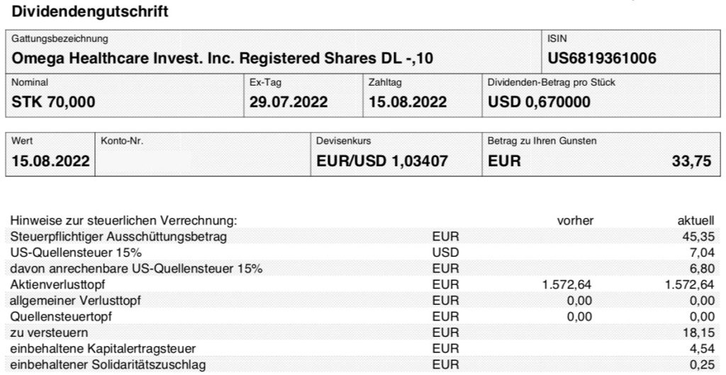 Dividendengutschrift Omega Healthcare Investors im August 2022 Smartbroker