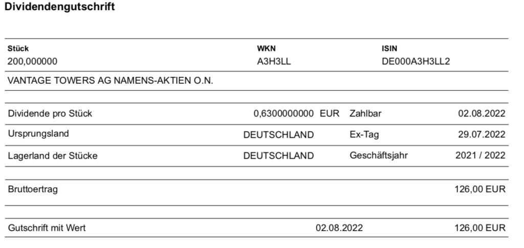 Dividendengutschrift Vantage Towers im August 2022