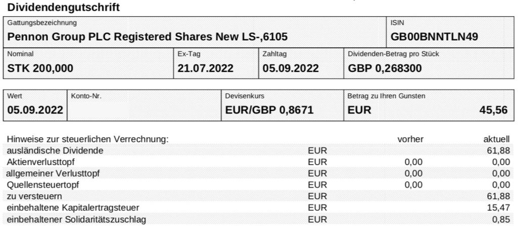 Dividendengutschrift Pennon Group im September 2022