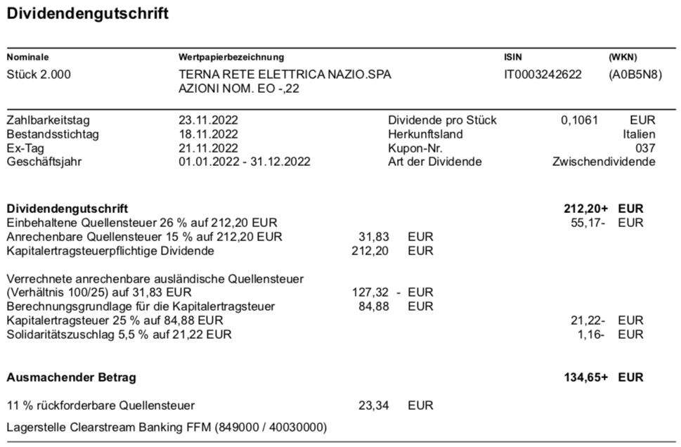 Dividendengutschrift TERNA im November 2022