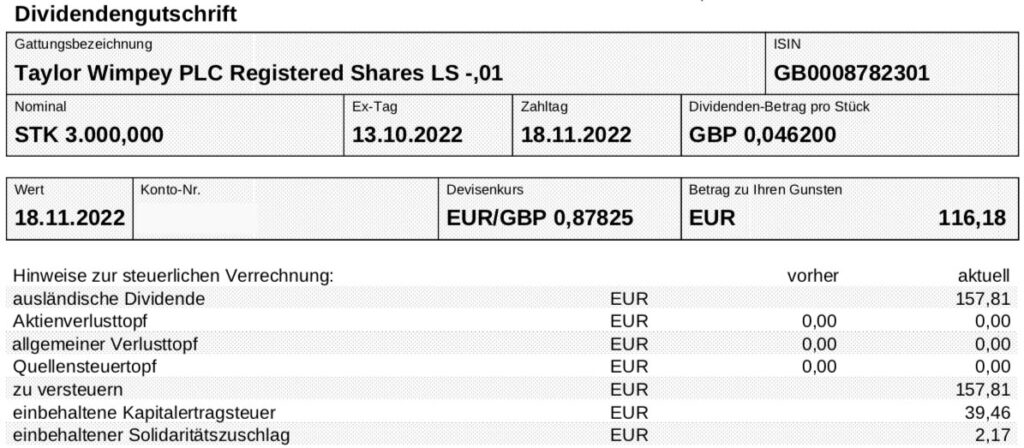 Dividendengutschrift Taylor Wimpey im November 2022