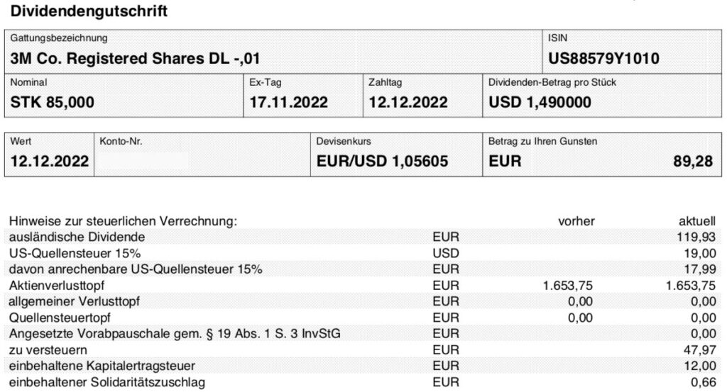 Dividendengutschrift 3M im Dezember 2022