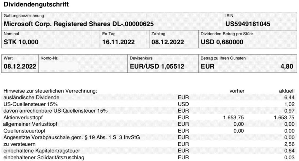 Dividendengutschrift Microsoft im Dezember 2022 Smartbroker