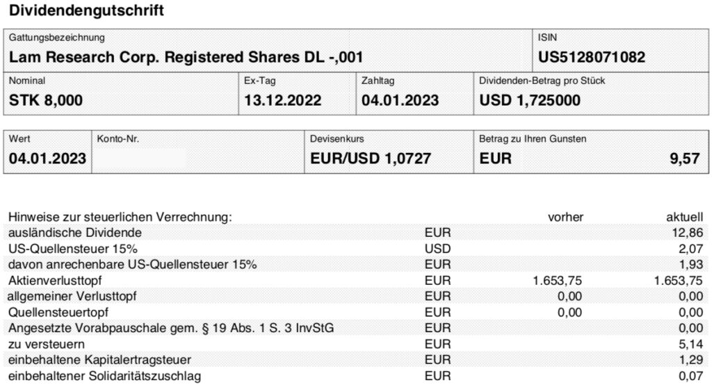 Dividendenzahlung Lam Research im Januar 2023 beim Smartbroker