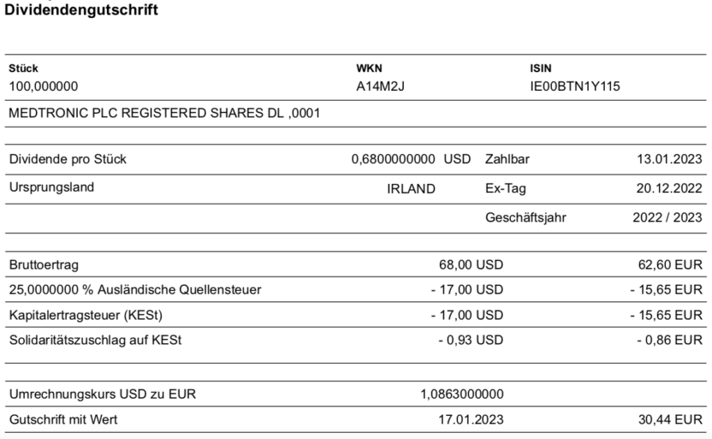 Dividendengutschrift maxblue zur Medtronic-Quartalsdividende III/2023