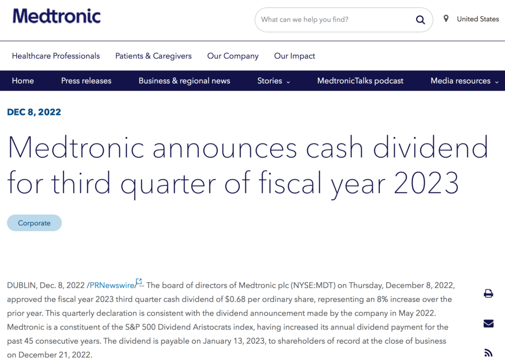 Dividendenankündigung von Medtronic zur Quartalsdividende III/2023