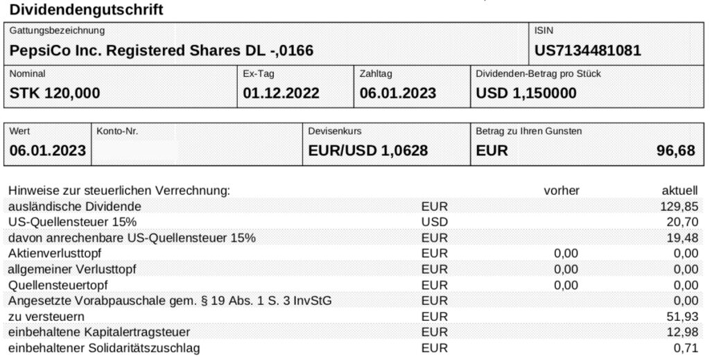 Dividendengutschrift PepsiCo im Januar 2023