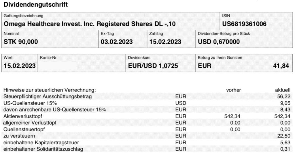 Dividendengutschrift Omega Healthcare Investors im Februar 2023 Smartbroker