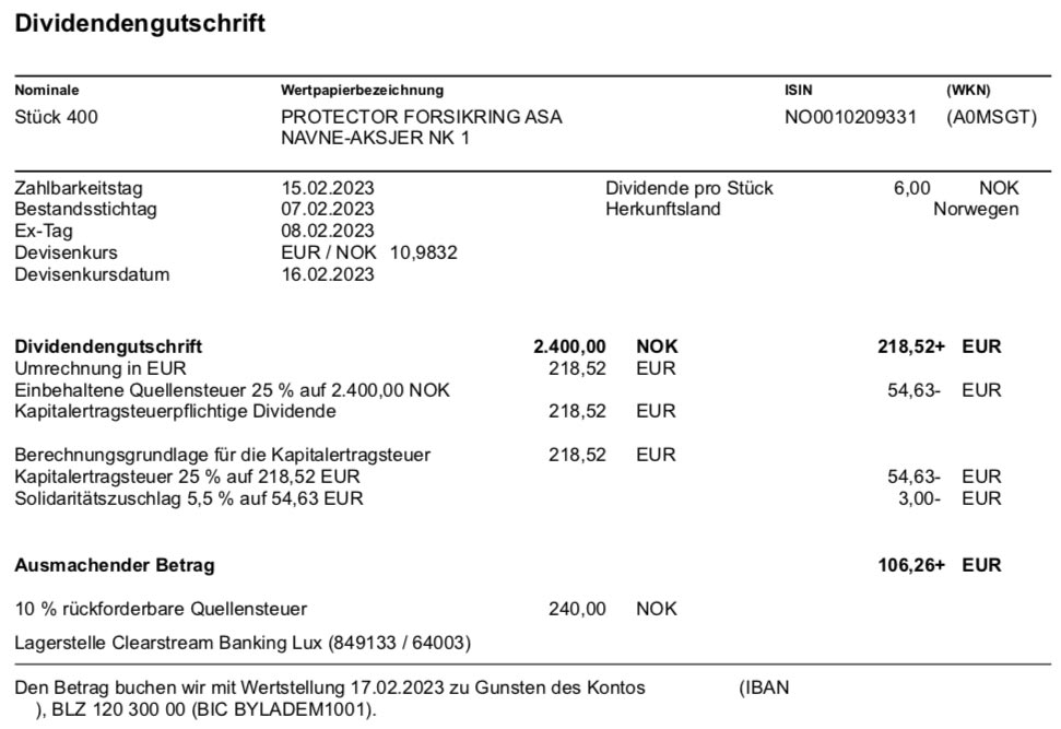 Dividendengutschrift Protector Forsikring im Februar 2023